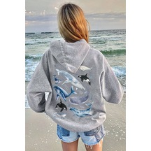 Whales Baskılı Oversize Sweatshirt Gri