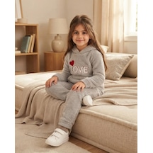 Kalp Nakışlı Gri Well Soft Peluş Kız Çocuk Takım