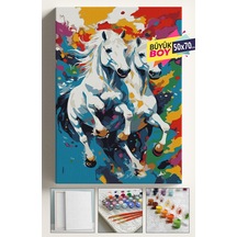 Sayılarla Boyama Seti Numaralı Tuval Fırça Boya Dahil Kasnaklı Set 50x70 Cm -beyaz Renkli Atlar