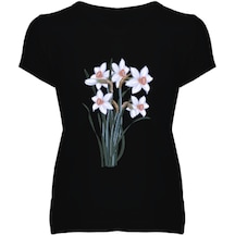 Çiçek Baskılı Siyah Bayan Tişört Kadın V Yaka Tişört