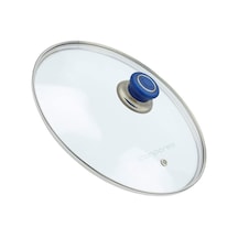 Tencere Sahan Cam Buhar Delikli Kapak 30 CM ve Mavi Tutma Tepe
