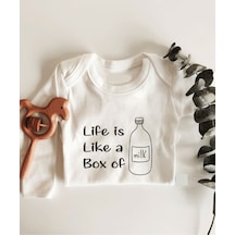 İmaj Tuğbababy Life Is Like A Box Of Milk Uzun Kol Çıtçıtlı Organik Bebek Body Beyaz