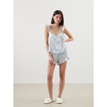 Lcw Dream Mavi V Yaka Saten Kadın Şortlu Pijama Takımı