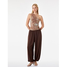 Koton Batik Desenli Drapeli Tül Slim Fit Tek Omuz Bluz Kahverengi Desenli 6sak70045ek