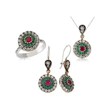 Gümüş Zümrüt Ve Yakut Taşlı Otantik Set