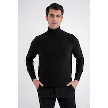 Comfort Fit Baklava Desenli Balıkçı Yaka Yünlü Siyah Triko Kazak Tr 895 Siyah