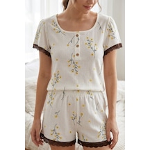 Fit Women Dantel Detaylı Çiçek Baskılı Şortlu Pijama Takımı 4584 Beyaz