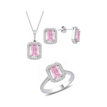 Gümüş Rodyumlu Pembe Baget Taşlı Üçlü Set