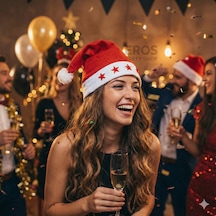 Işıklı Yılbaşı Yeni Yıl Şapkası Noel Baba Şapka Açma Kapama Düğmeli 5 Yıldızlı Kırmızı Renk 1 Adet