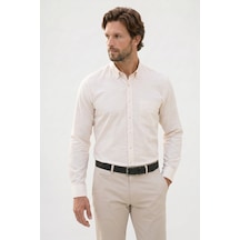 Tudors Erkek Regular Fit Klasik Kesim Oversize %100 Pamuk Keten Doku Bej Gömlek-42668