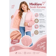 Ahengim Kız Çocuk Kapüşonlu Peluş Detaylı Şişme Mont Fermuarlı Sıcak Tutan Kışlık Ceket Ak4291 Pudra