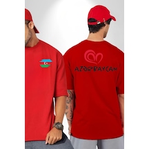 Azerbaycan Seviyorum I Love Azarbaycan Kırmızı Oversize Unisex Ön Ve Sırt Baskılı Tişört Kırmızı