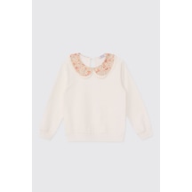 Panço Kız Çocuk Yakalı Yumuşak Dokulu Ekru Sweatshirt Krem 2621GK08014