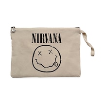 Nirvana Smiley Face Krem Clutch Astarlı Cüzdan / El Çantası Krem