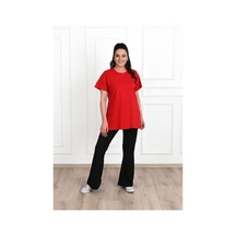 Kadın Bisiklet Yaka Yırtmaç Detaylı Büyük Beden Tshirt 9633-22 001