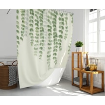 Banyo Duş Perdesi Sarmaşık Desen Yeşil Dijital Baskılı Banyo Perdesi, Tek Kanat C Halka-180x200 Cm Çok Renkli