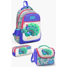 Coral High Kids Gümüş Lavanta Tavus Kuşu Desenli 3 Lü Okul Çanta Seti Set0123488 Çok Renkli