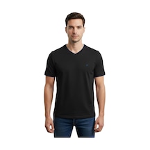 25-7008 Erkek Normal Beden V Yaka Sol Ön Göğüs Nakışlı T-shirt Siyah Siyah