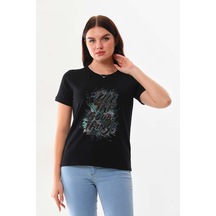 Sistas Kadın Yazı Detaylı Kısa Kol Pamuklu Bluz 23042 Siyah