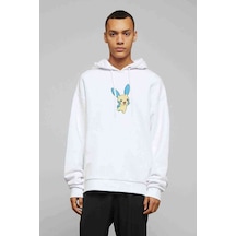 Pokemon Karakter Çizimi Minun Baskılı Beyaz Erkek Örme Sweatshirt