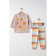 Mini Damla Pijama Takımı Penye Çizgili Kahverengi-11396 Kahve