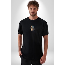 Tren Sürücüsü Gözlüklü Yorkshire Siyah Oversize Unisex Ön Orta Minimal Baskılı Tişört Siyah