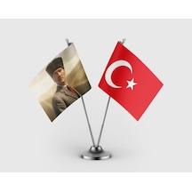 Kalpaklı Kemal Atatürk Ve Türk Bayrağı İkili Saten Masa Bayrağı Takımı Diğer