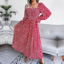 Sonbahar Kış Kare Yaka Uzun Kollu A Line Pileli Baskılı Uzun Elbise S-xl Kırmızı