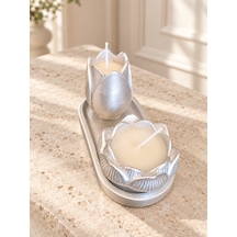 Altın Renk Lale Ve Lotus Çiçeği Mumluk Seti, 2 Li Dekoratif Polyester Mumluk Ve Oval Tepsi Gümüş