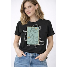 Herkesemoda Find Your Happiness Baskı Detaylı Kadın Bisiklet Yaka Pamuklu T-shirt Siyah