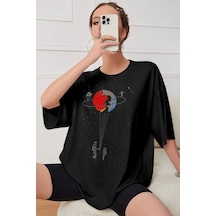 Unisex Evren Temalı Baskılı Kısa Kol T-shirt SIYAH