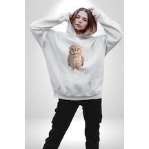 Baykuş Kadın Erkek Beyaz Kapüşonlu Sweatshirt Hoodie Beyaz