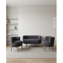Sydney 2+1+1 Welsoft Tüylü Yumuşak Kumaş Balkon Çay Seti Koltuk Takımı - Ahşap Ayak - Antrasit