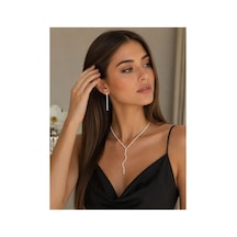 Kristal Taşlı Su Yolu Y Kolye Ve Sallantılı Küpe Seti Gümüş Renk Abiye & Gelin Takı Seti Beyaz - 893647872 Beyaz