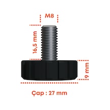 Cateksss M8 Ayar Vidası, Tırtıllı Vida, Bingo Ayak, Pingo Ayak Çap: 27 Mm Vida Uzunluğu 20 Mm Siyah - 22 Li Paket