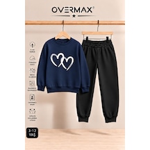 Overmax Çift Kalp Baskılı Çocuk Kapüşonsuz Sweatshirt Eşofman Takımı 3-12 Yaş Lacivert Üst-siyah Alt - 923859548 Lacivert Üst-siyah Alt