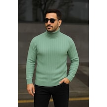 Erkek Tam Boğazlı Balıkçı Yaka Triko Kazak Kalın Fitilli - Mint Yeşili