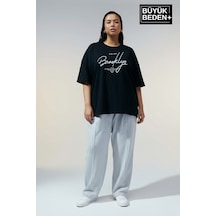 Superlife Süperlife Kadın Büyük Beden El Yazılı Brooklyn Baskılı 3xl-6xl Bisiklet Yaka Tshırt Spr25btsk510-6 Siyah