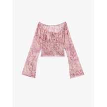 Koton Kayık Yaka Uzun Kollu Bağcıklı Yaka Gipeli Şifon Bluz Pembe Desenli 6wal60014ık Pembe Desenli