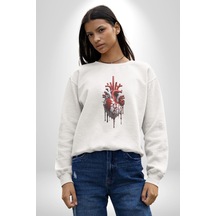 Kırmızı Beyaz Kalp Toplar Damar Unisex Beyaz Baskılı Sweatshirt Beyaz