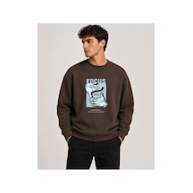 Herkesemoda Focus Baskı Detaylı Bisiklet Yaka Şardonlu 2 İplik Sweatshirt Kahverengi