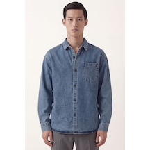 Sabri Özel Erkek Mavi Normal Kesim Regular Fit Pamuk Torba Cep Uzun Kollu Denim Ceket Gömlek