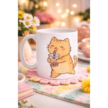 Sevimli Kedi Bubble Tea Tasarımlı Porselen Kupa Model 192 Boba Çayı İçen Kedi Kahve Kupası Kedi Severlere Hediyelik Kupa Bardak Diğer