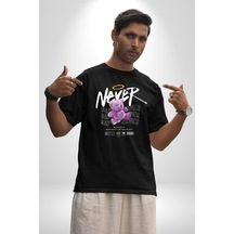 Asla Asla Deme Pamuklu Bisiklet Yaka Unisex Oversize Boyfriend Dijital Baskılı Siyah T-shirt Siyah