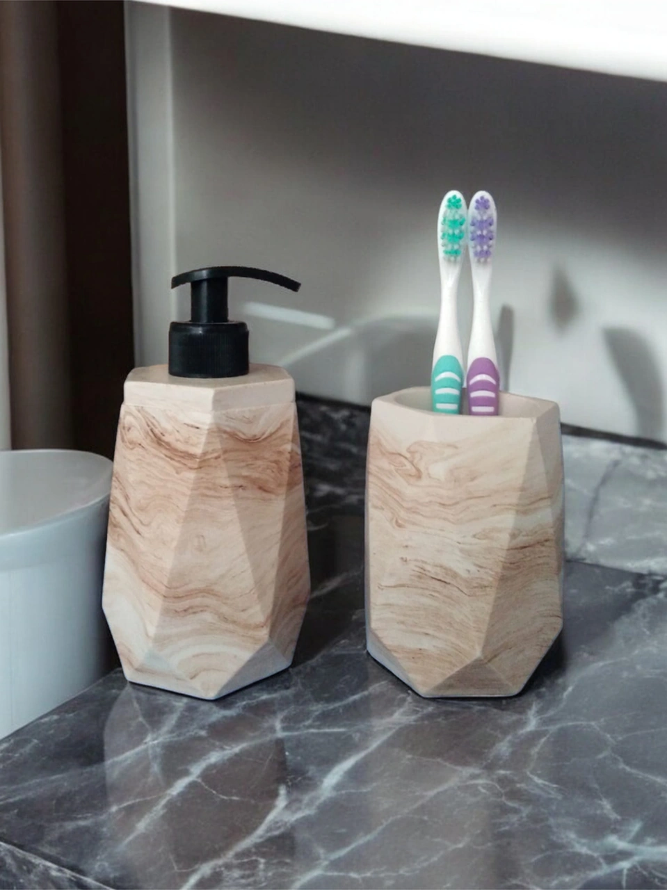 Marble Bej Sıvı Sabunluk Ve Diş Fırçalık Bej