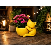 3d Baskı Sarılan Kedi Saksı - Sevimli Dekoratif Saksı - Sarı Çok Renkli