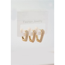 Kadın Vip Seri Zirkon Taşlı 3 Boy 3'lü Küpe Seti-5442 Altın