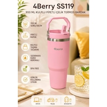 Ss119 900 Ml Çelik Termos Bardak Pipetli Kulplu Taşınabilir Su Matarası Pembe
