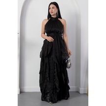 Kalopya Halter Yaka Eteği Fırfırlı Saten Elbise Eli6073 Siyah