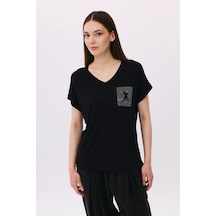 Daido Kadın V Yaka Düşük Kollu Penye T-shirt 6226 Siyah
